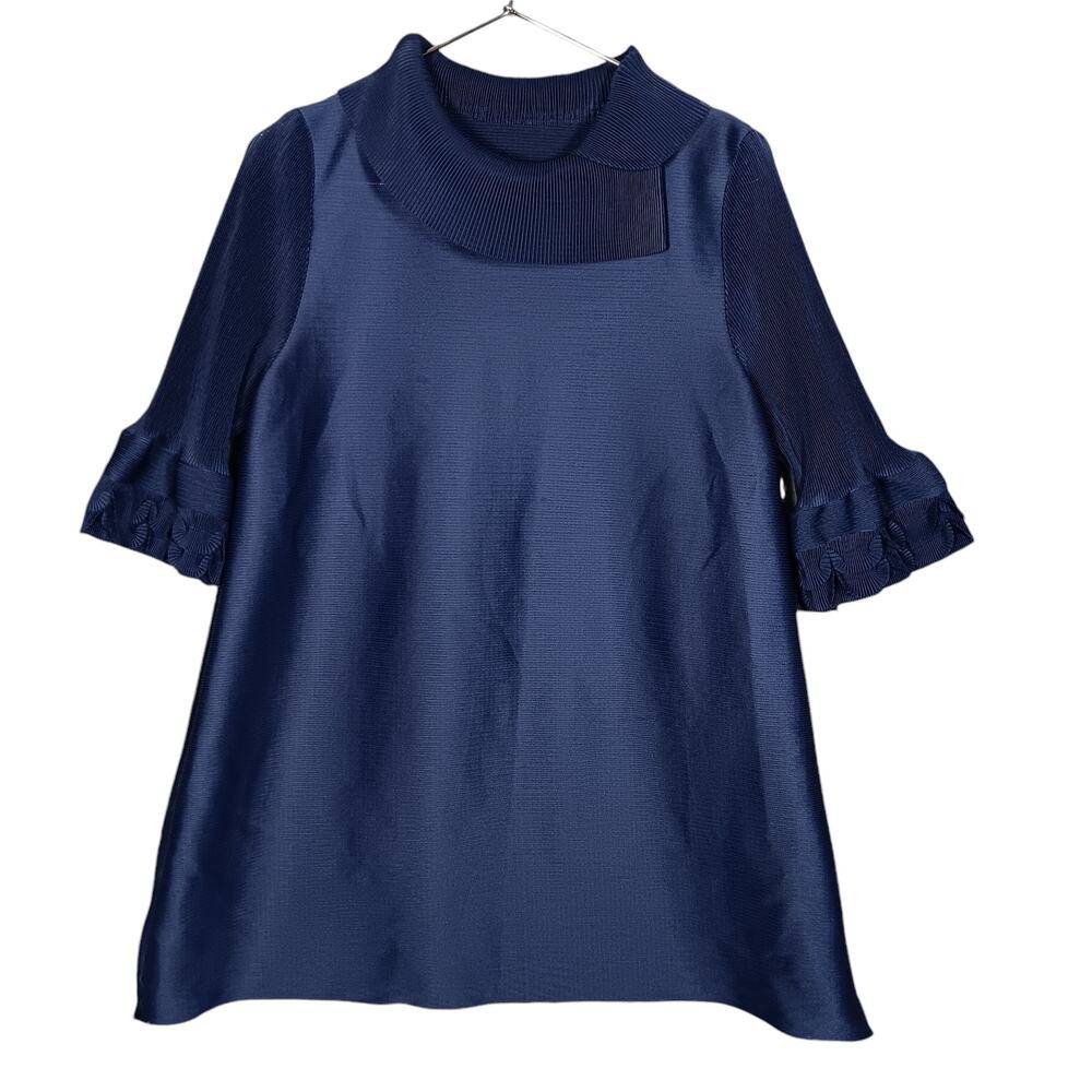 Pleated Fabric Mini Dress Navy Blue Size Medium Gathered Cuffs to 3/4 Sleeves - Picture 5 of 9